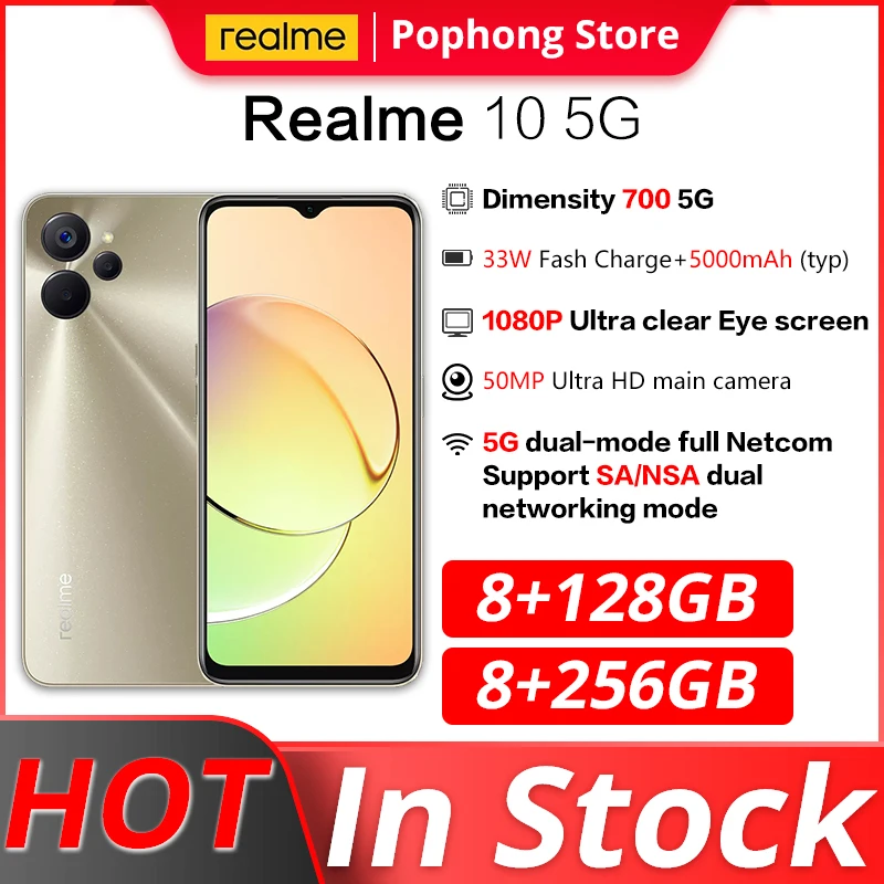 Original Realme 10 5G Mobile Phone 6.6 Inch Dimensity 700 Ocat Core 50MP Dual Camera 33W SuperDart 5000 mAh