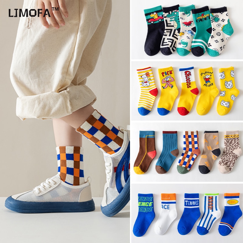 LJMOFA 1-12Y 5 Pairs Cotton Kids Socks for Baby Girls Boy Stripe Cartoon Toddler Knitted Socks Warm Winter Fashion Socks C161