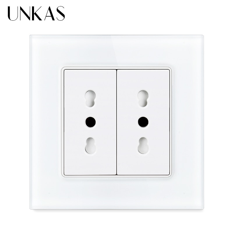 UNKAS Italian Chile Standard Socket 86mm*86mm Plastic Panel White AC 110V~250V 2 Gangs 2 Pins Hole 16A Power Wall Outlet