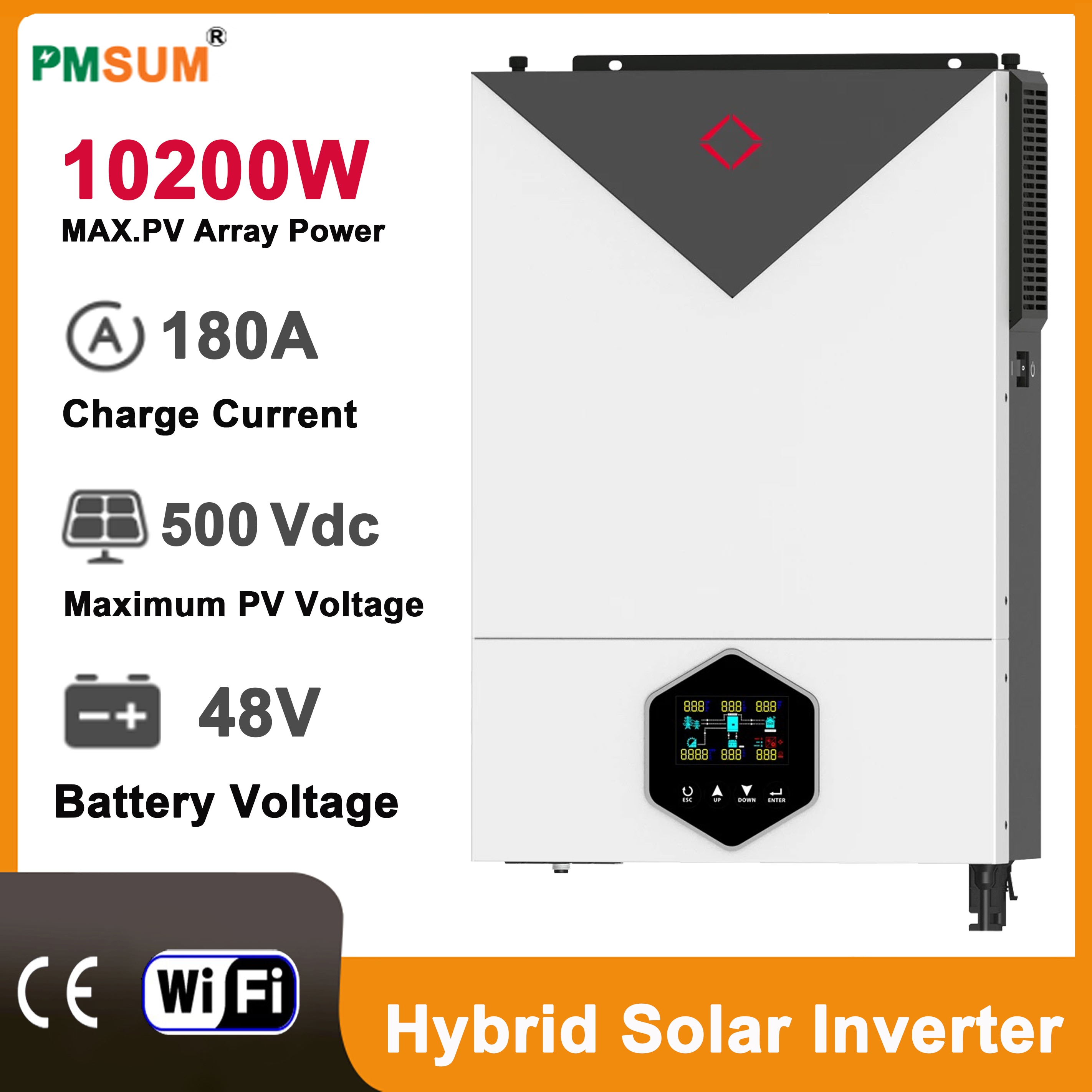 10.2KW On/Off grid Solar Hybrid Inverter DC48V to AC230V Output Built-in 180A Charge Controller Dual PV Max 500V Input