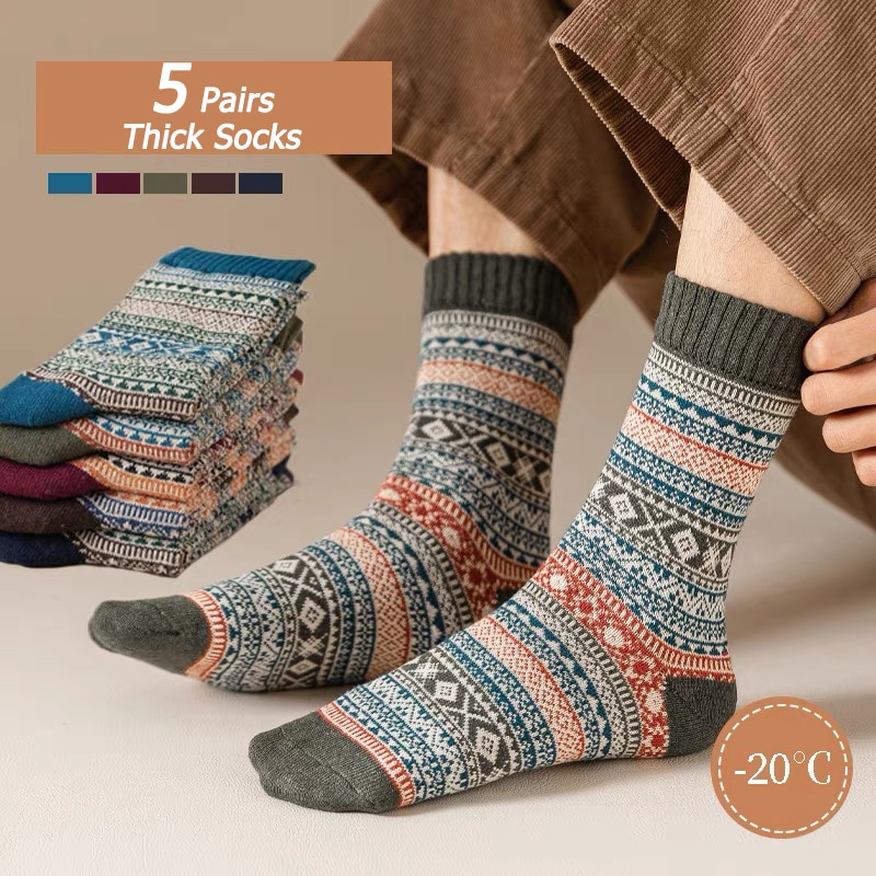 5 Pairs/Lot Men's Thick Wool Socks Autumn And Winter High Quality Japanese Vintage Stripes Warm Comfortable Soft Socks EU 3