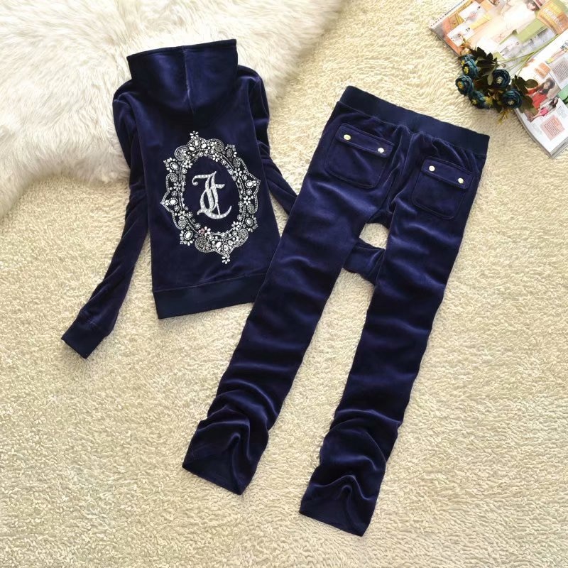 Velvet Warm Juicy Sports Suit 2023 Retro Design Pattern Big Crystal Diamond Luxury 2-Piece Set Women Outdoor Sports Pants Set