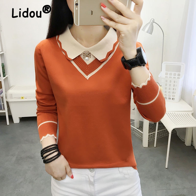 Fake Two Pieces Casual T-Shirt Women's Lapel Tops Loose All-match Knitting Sweater Female Pullover Sweater Autumn Winter Fe