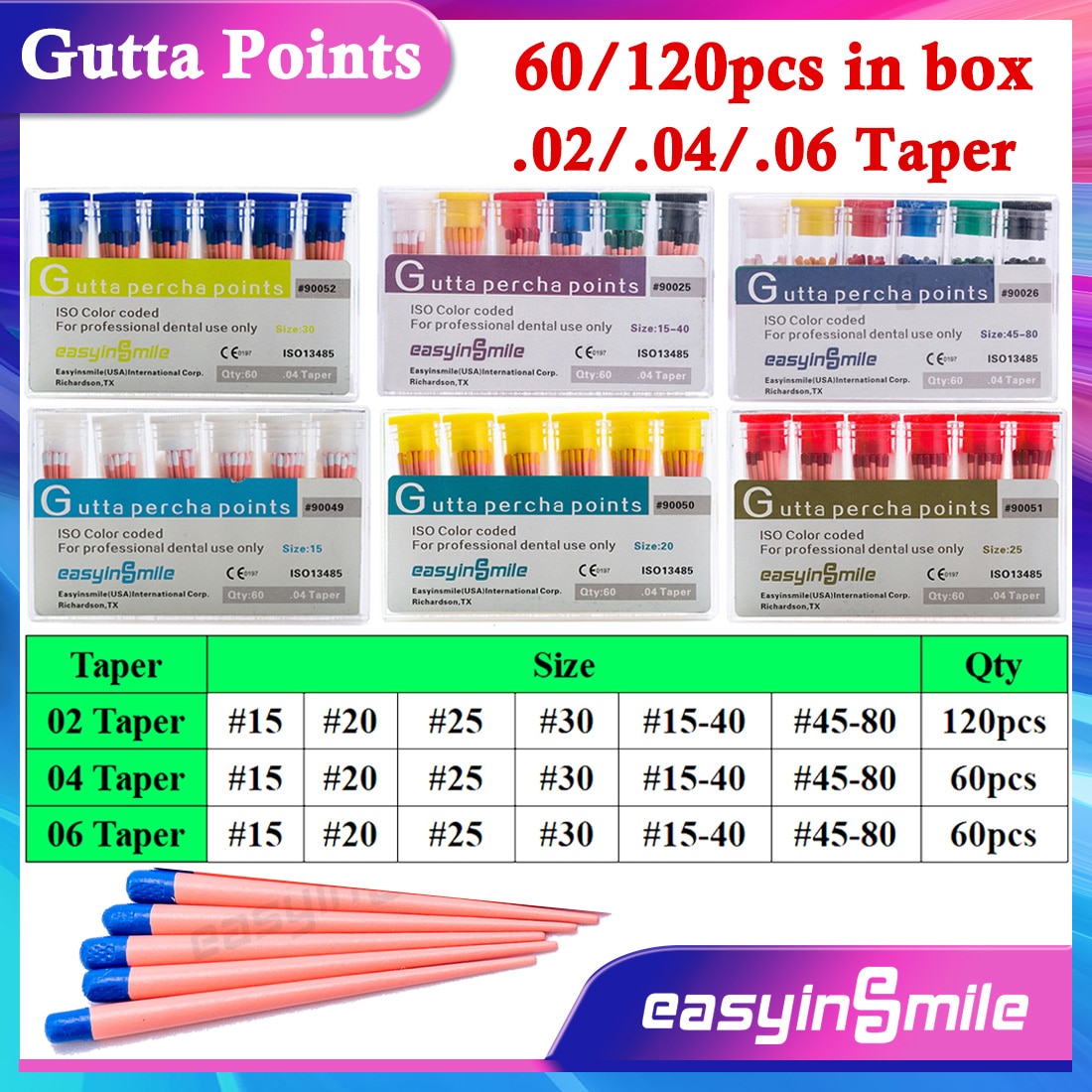 1Box Easyinsmile Endodontic Gutta Percha Points Dental Endo Root Canal .02/.04/.06 Taper Material Absorbent 120/60Pcs