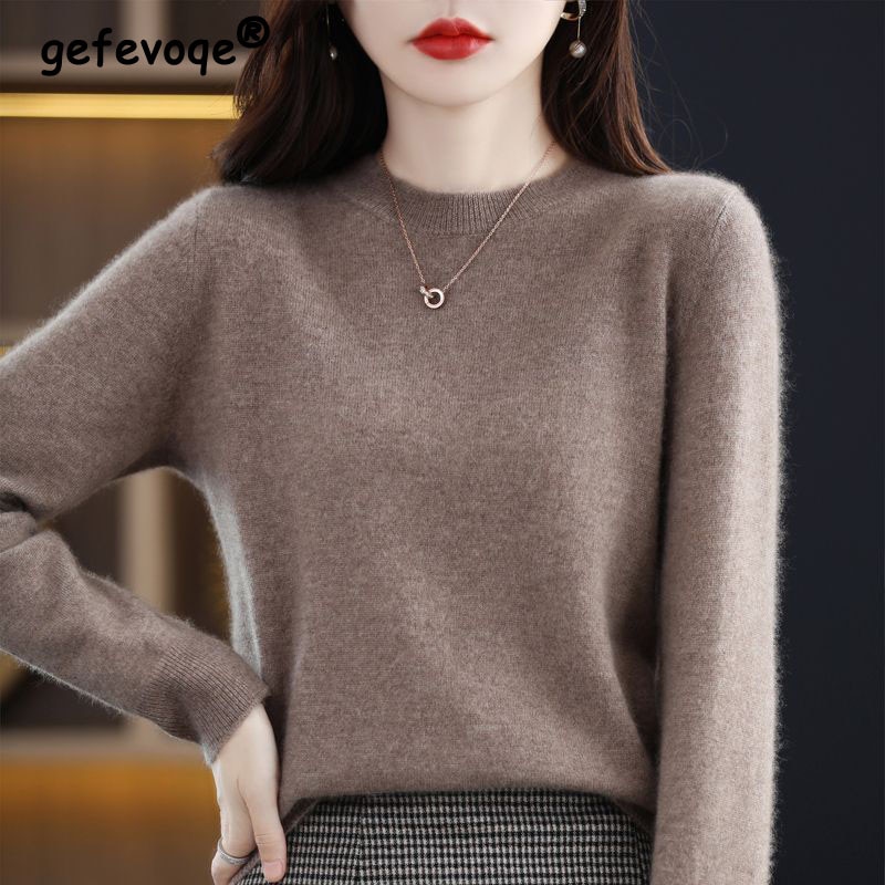 Autumn Winter Women's Korean Soft Comfortable Basic Knitted Sweater Casual Solid O Neck Long Sleeve Pullovers Top Female Ju