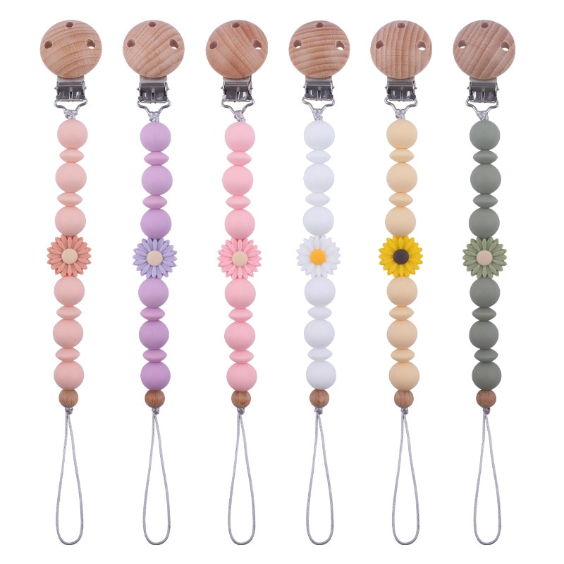 Handmade Beech Wood Baby Pacifier Clips Flower Silicone Chew Beads Infant Nipple Clip Teether Teething Toy Baby Pacifier Chain