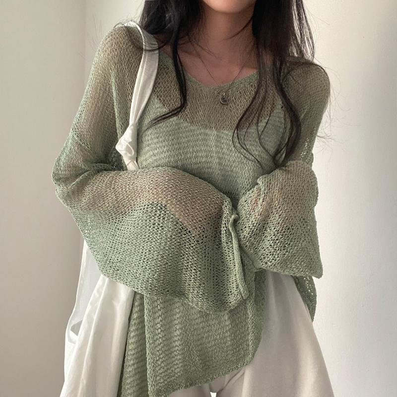 90s Loose Mesh Sweater Pullover Women's Jumper Korean Fashion Knitted Tops Summer Hip Hop Pull Hollow Out Sexy Casual Stree