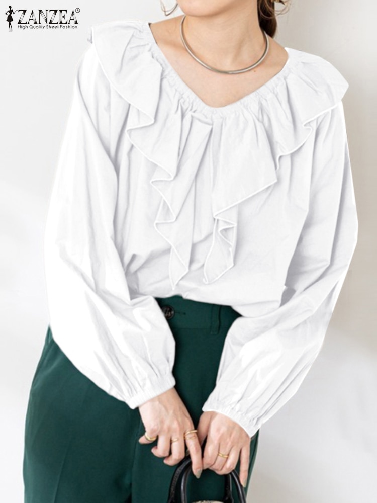 ZANZEA Casual Elegant Work Office OL Blusa Chemise Tunic Women Solid Shirt Spring Ruffles Blouse Vintage V Neck Long Sleeve Tops