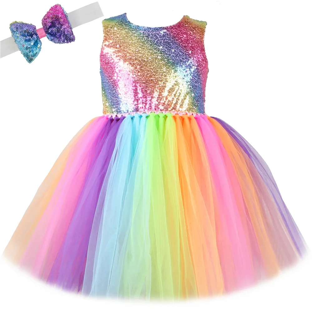 Rainbow Sequins Princess Dress for Girls Sleeveless Backless Party Evening Tutu Dresses Kids Clothes Vestido Children's Clo