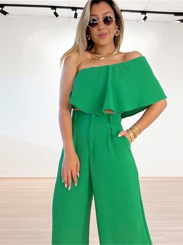 Ruffle Slant Collar Shirt 2 Pieces Set Women Elegant Wide Leg Pants Set Autumn Casual Female High Waist Trousers Suit