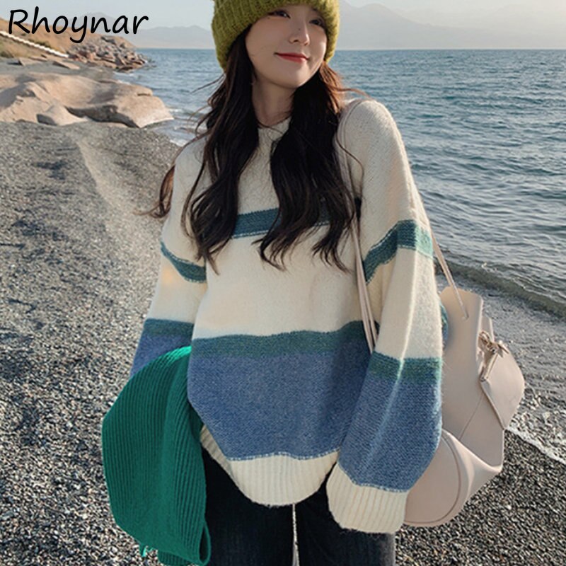Striped Pullovers Women Japanese Sweet Girlish Baggy O-neck Kawaii Clothes Vintage Designer Knitwear Свитер Женский Gentle Cozy
