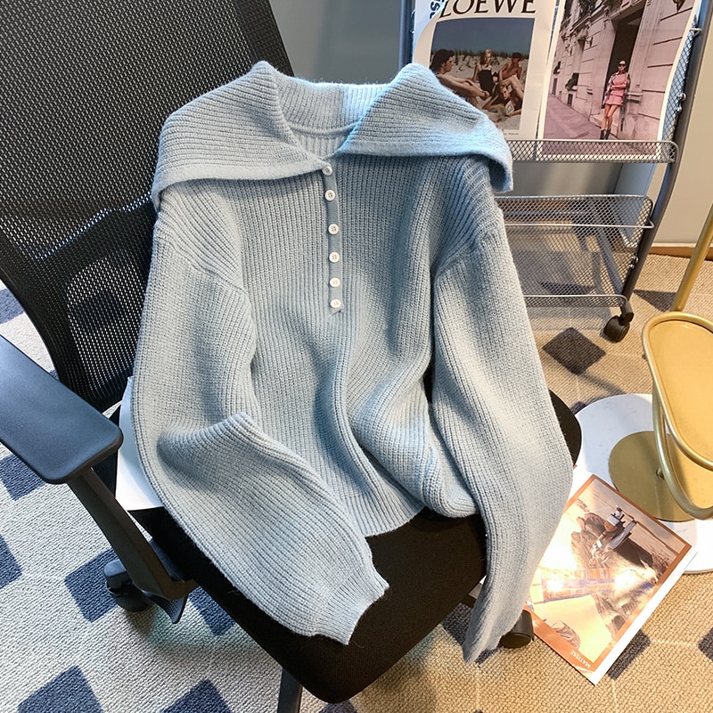 Blue Large Lapel Knitted Sweater Women's Spring Autumn Casual Loose Long Sleeve Knit Solid Color Pullover Tops Female