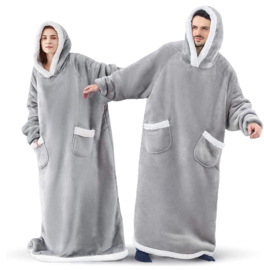 Long Flannel Blanket Winter Warm Hoodies Blanket with Sleeves Oversized Women /Men Pullovers Thicken Fleece Giant Blanket Hoodie