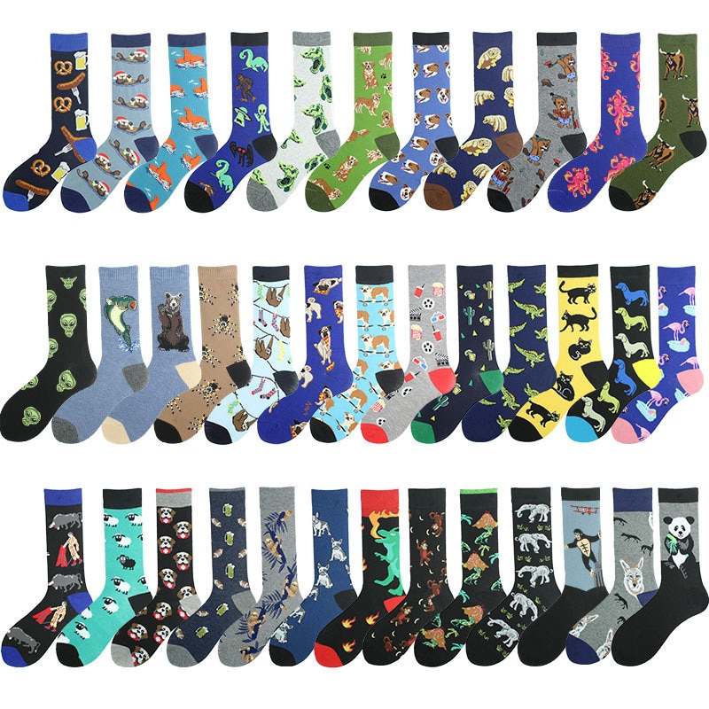 CHAOZHU Sock Sets Xmas Birthday Gift 5 Pairs Carttoon Animals Cow Spider Dog Funny Interesting Male Happy Socks For Men