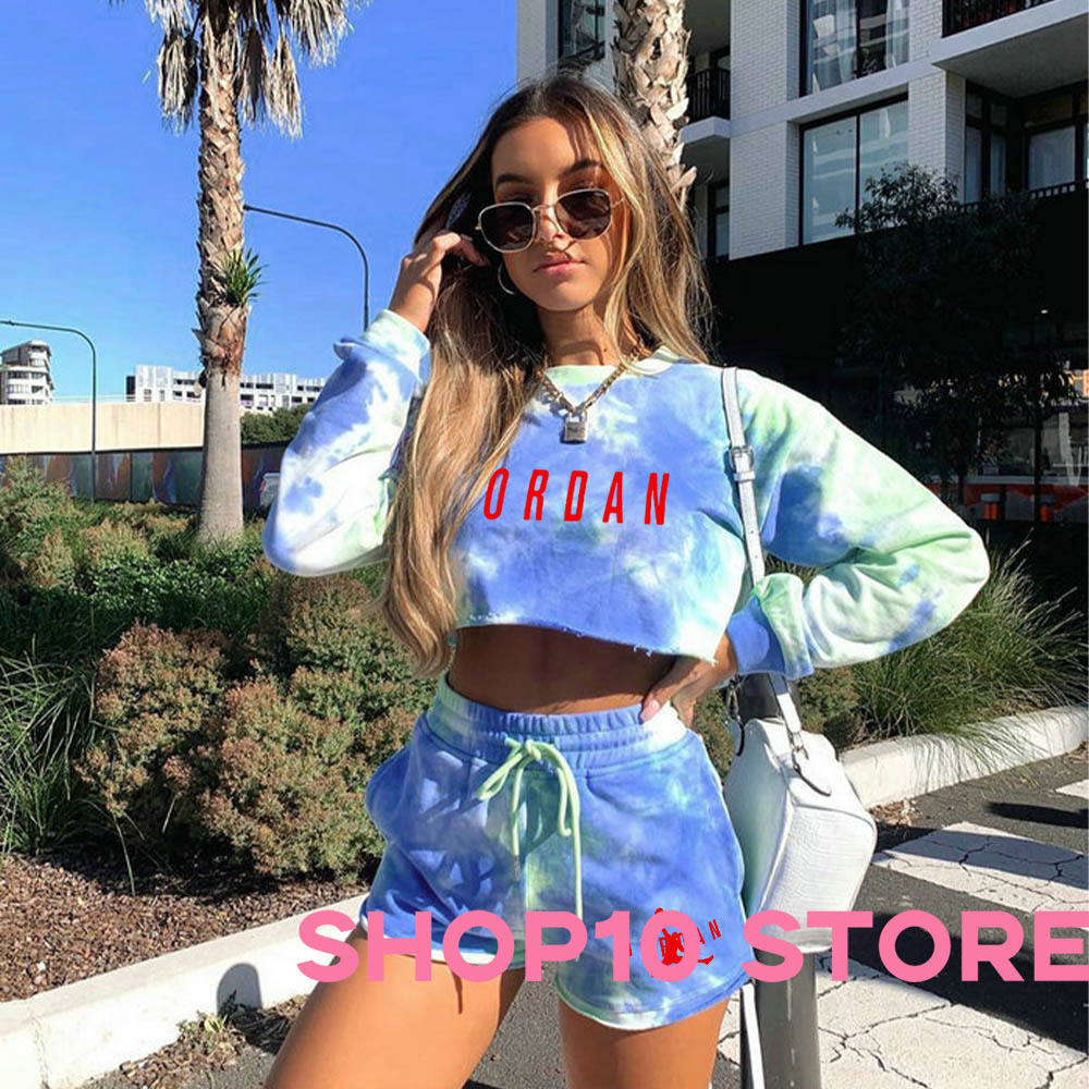 Women Sport Letter Print Tie-Dyed 2 Pieces Short Set Crop Top Sweatshirts + Pants Suit Gym Sexy Lady Tracksuits Clothing T Shirt