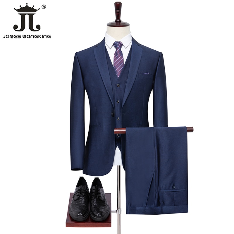 ( Jacket + Vest + Pants ) Fashion Solid Color Elastic Men's Official Office Business Blue Suit 3 Pieces Set Groom Wedding G