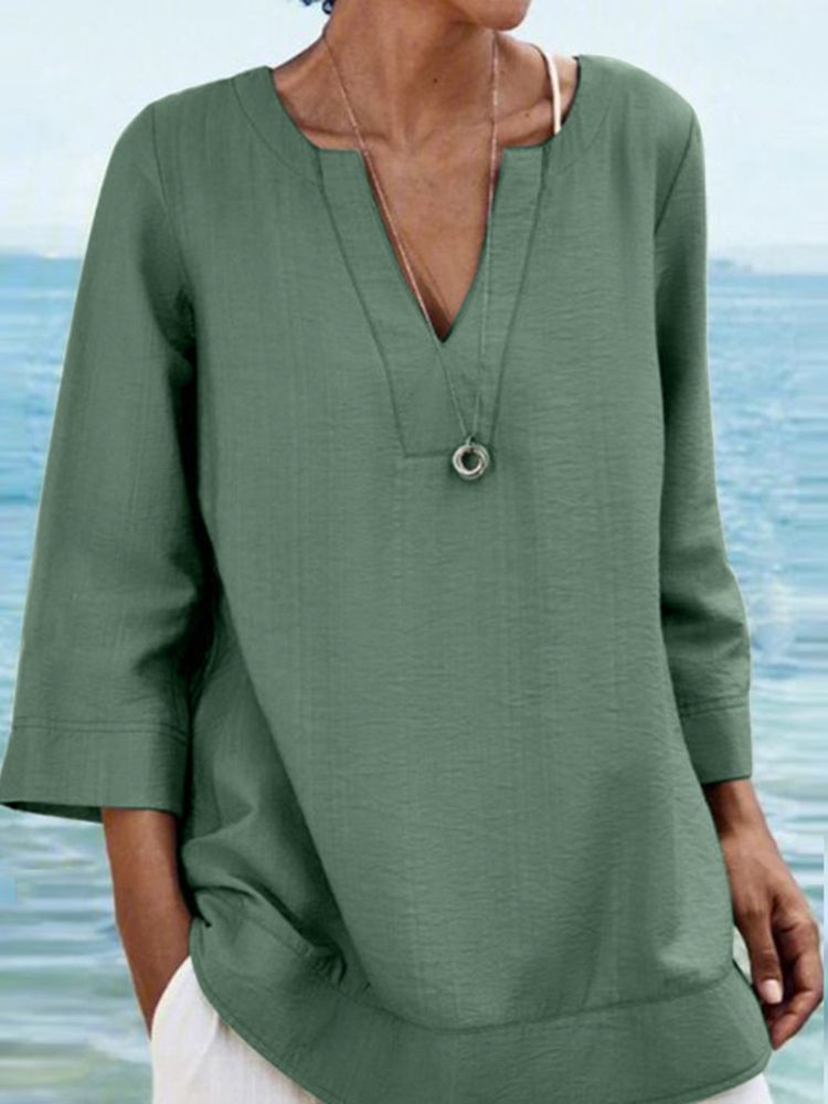 Fashion Solid 3/4 Sleeved Basic Shirts 2023 ZANZEA Causal Work Blusas Spring V Neck Tops Women Elegant Office Blouses All Match