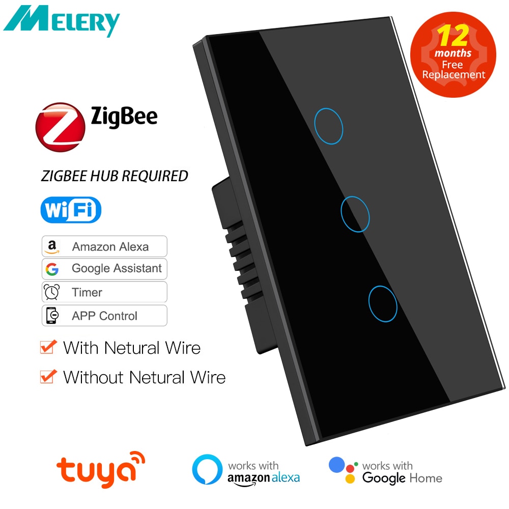 Tuya WiFi/Zigbee Smart Light Switch Shawader Neutral Wire Required/Not Wall Touch Sensor Glass Panel Remote By Alexa Google Home