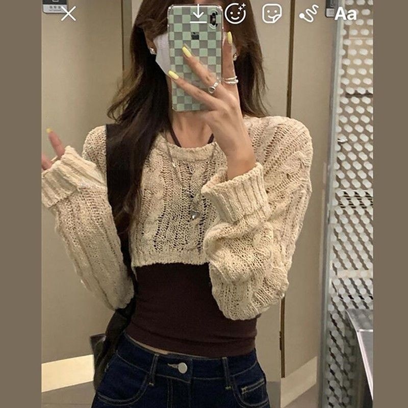 WDMSNA Y2k Knitted Pullover Women Casual Long Sleeve Crop Tops Ladies Autumn Korean Fashion Short Sweater Female and Tank Tops
