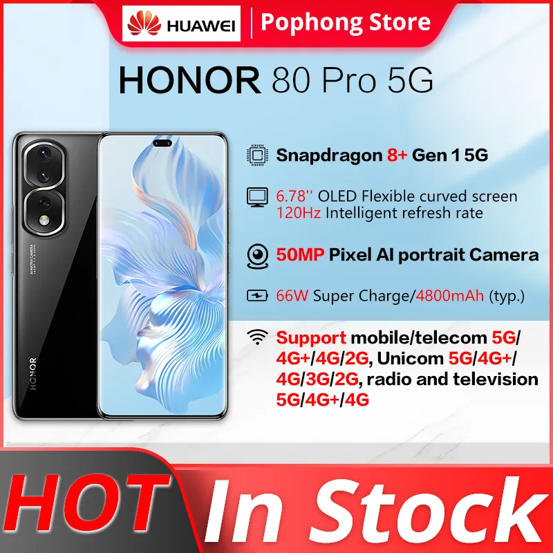 HONOR 80 Pro 5G Mobile Phone 6.67 inch OLED Curved Screen Snapdragon 8+ Octa Core 66W SuperCharge 4800mAh NFC
