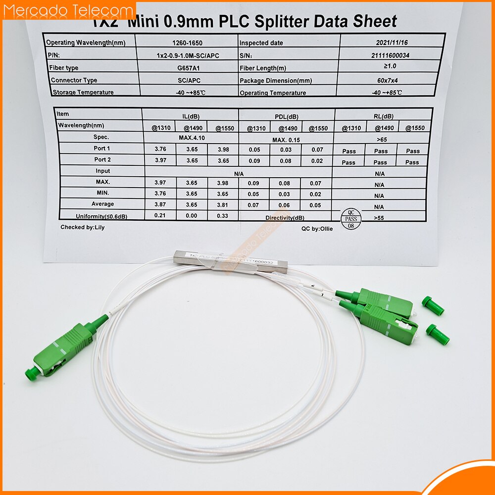 Free shipping 20pcs/lot PLC Splitter 1x2 0.9mm Steel Tube Fiber Optic Mini Blockless 1*2 SC APC SC/UPC Connector Fiber Splitter