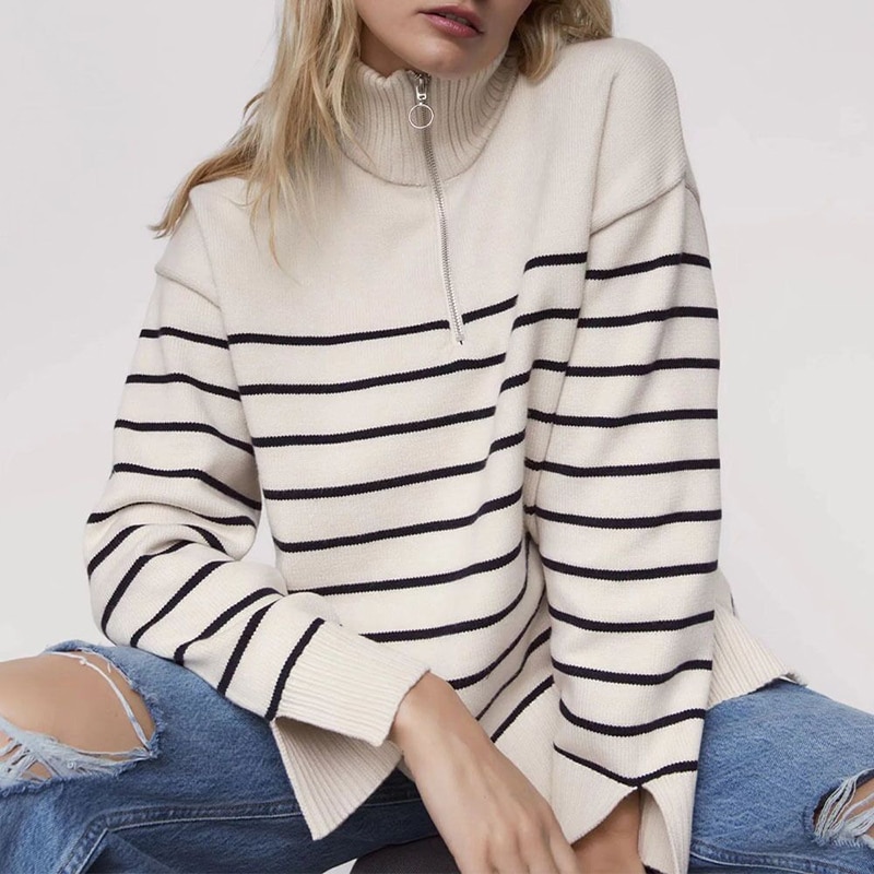 Women Sweater 2022 Fashion Stripe Loose Zipper Thick Knitting Sweaters Jumper Vintage Long Sleeve Asymmetry Female Pullover Tops