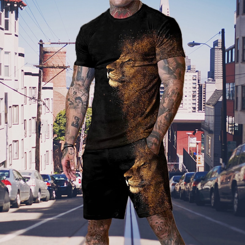 New Summer Outdoor O-neck T Shirt Set for Men Lion 3D Printed 2 Piece Breathable Casual Loose Oversized Sportswear Tracksuit