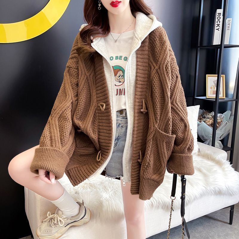 Fake Two-piece Hooded Knitting Cardigan Women's Coat 2022 Autumn and Winter New Warm Loose Sweater Women's Knitting Ca