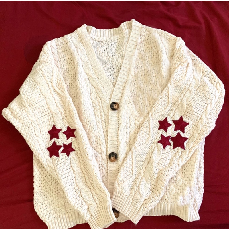 High Quality Long Sleeves Loose Tay Women Red Star Embroidered Cardigan Lor Holiday Tops Warm Swift V-neck Knitted Sweater 2022