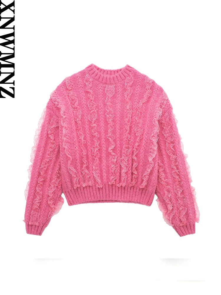 XNWMNZ 2023 Women Fashion Ruffle Knitted Sweater Woman Vintage O Neck Long Sleeve Casual Versatile Female Chic Pullover