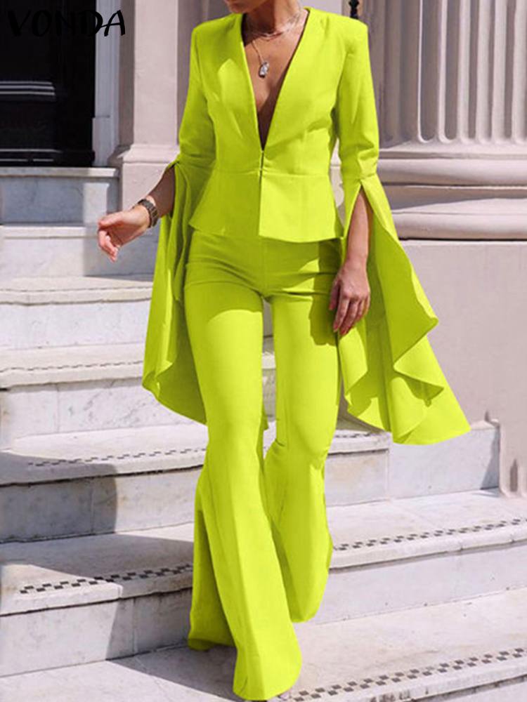 VONDA Elegant Street Pant Sets 2023 Fashion 2PCS Women Flare Sleeve V Neck Tops and Long Bell Bottoms Casual Solid Color Suits