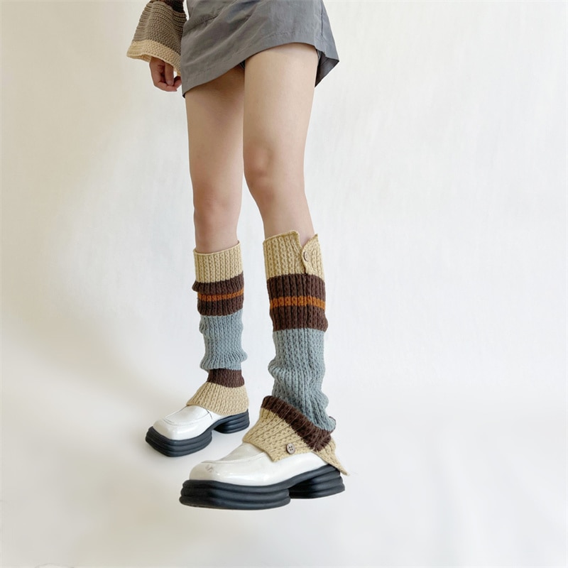 New Retro Leg Warmers Winter Button Opening Y2K Harajuku Hot Girl Japanese Contrast Color Pile Knitted Long Socks
