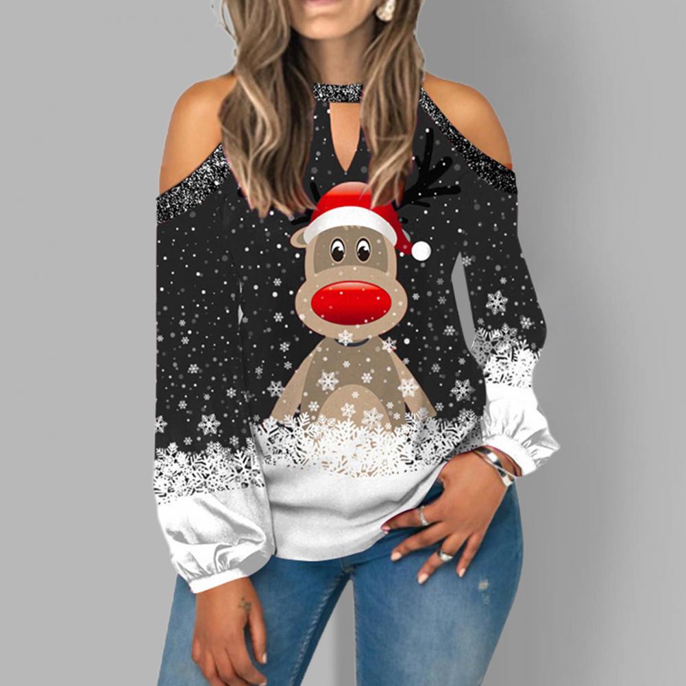 Lightweight Fashion Christmas Print Women Blouse Autumn Casual Blouse Hollow Out for Work