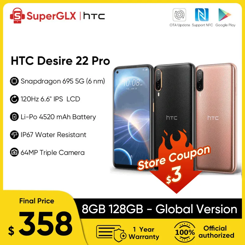 2022 New HTC Desire 22 Pro 5G Smartphone Snapdragon 695 Octa-core 6.6" 120Hz LCD Screen 2SIM IP67 dust/water resistant Phon
