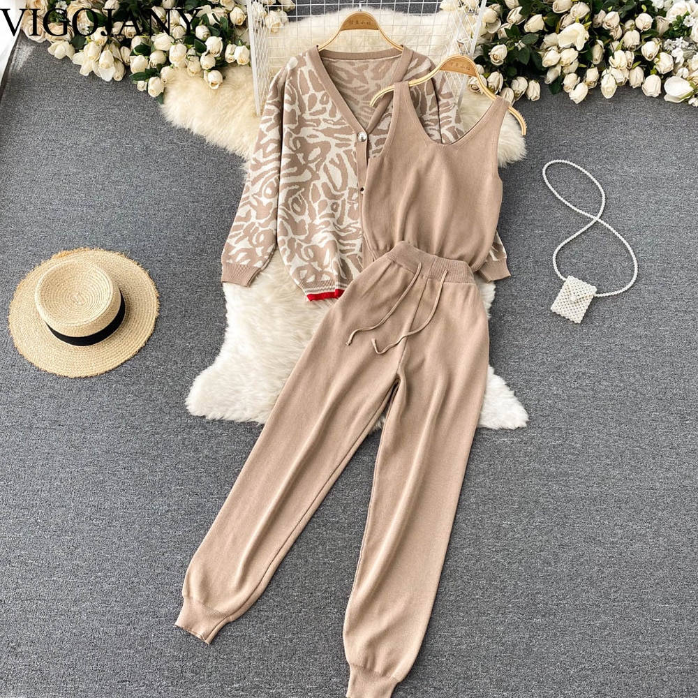 VigoJany 2022 Autumn Women Khaki 3PCS Solid Vest Suit Long Sleeve V Neck Cardigan Knitted Wide Leg Trousers Ladies Sweater Set