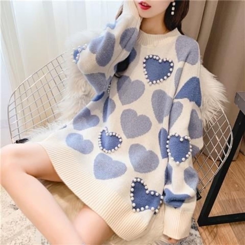 Heart-shaped Knitted Sweater Elegant Pearl Beading Women's Fashion Casual Sweater Winter Warm O-neck Long-sleeved Pullover