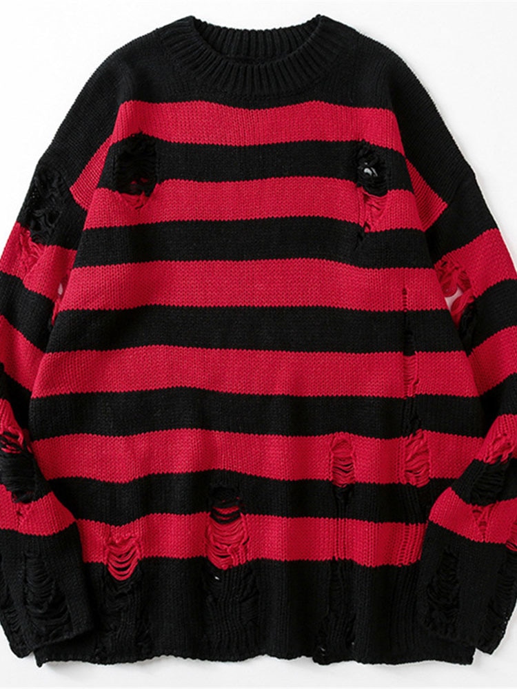 Red Striped Sweaters Women Punk Men Sweater Autumn Hollow Out Hole Broken Jumper Loose Oversized Pullouvers Harajuku Streetwear