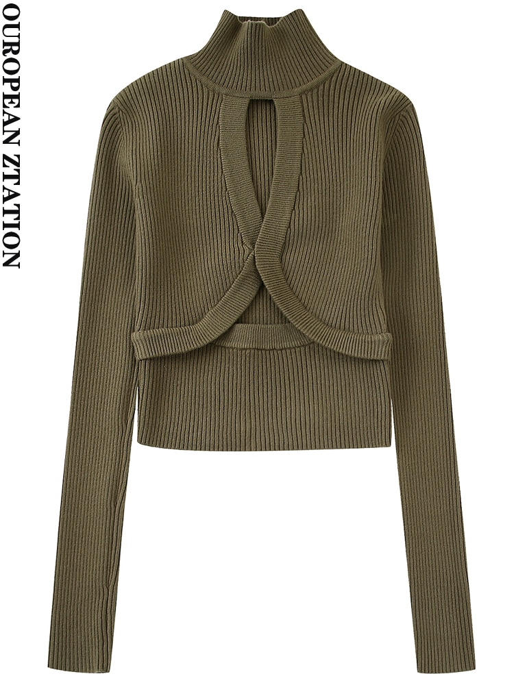 PAILETE Women 2022 fashion front cut out cropped knit sweater vintage with wrapped high neck long sleeve female pullovers chic t