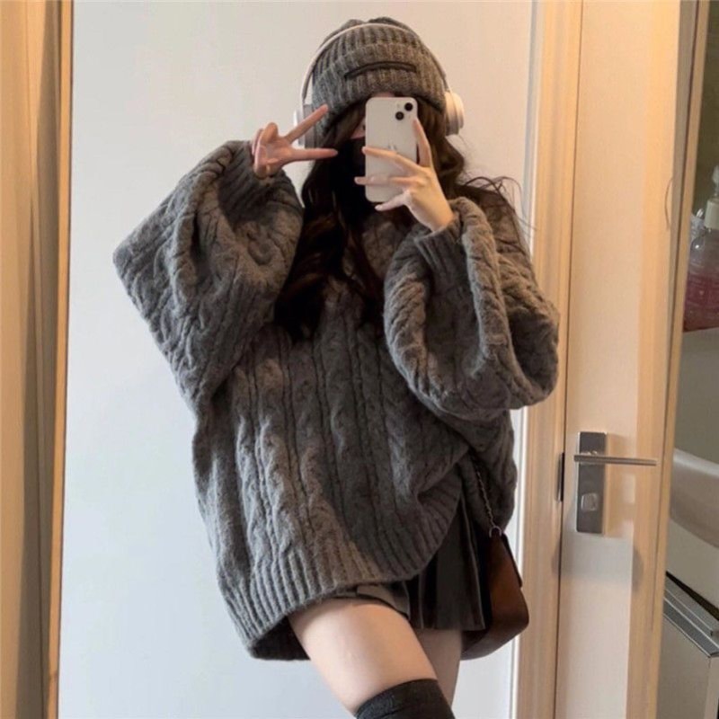 2022 winter new vintage solid color oversize sweater fashion gray loose V-neck sweater women's Korean casual simple pullove