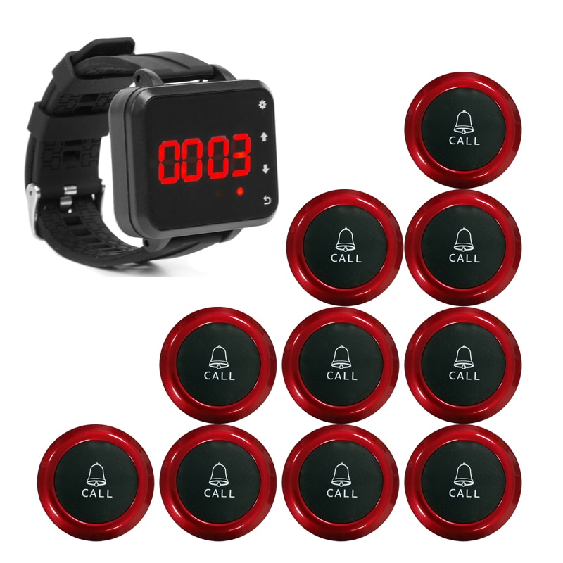 Wireless Pager Waiter Call System 10 Restaurant Bell Button 1 Wrist Watch Receiver