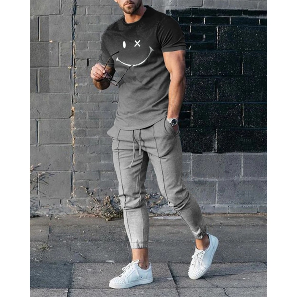 New Summer Men's T Shirt Set Short Sleeve Tracksuit Daily Casual 2 Piece 3D Smiling Face Printing Fashion Cool Streetwear S