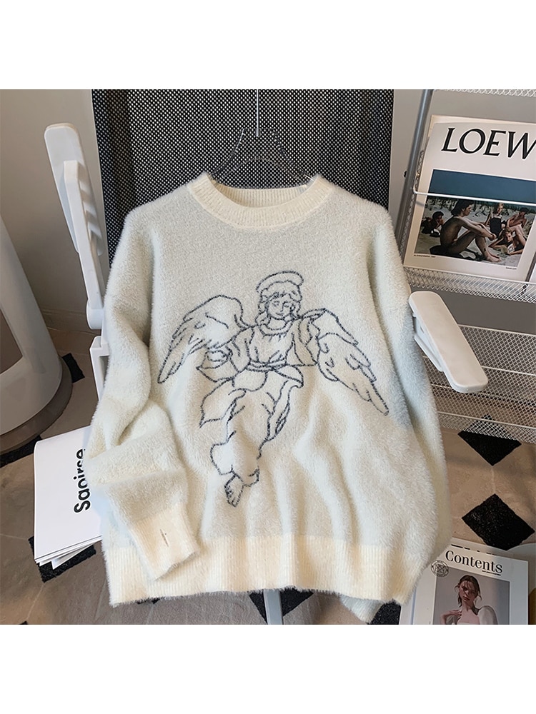 White Color Women Soft Cozy Knit Pullover 2022 Autumn Winter Classic Crew-neck Knitwear Female Plush Sweater Retro Print Design