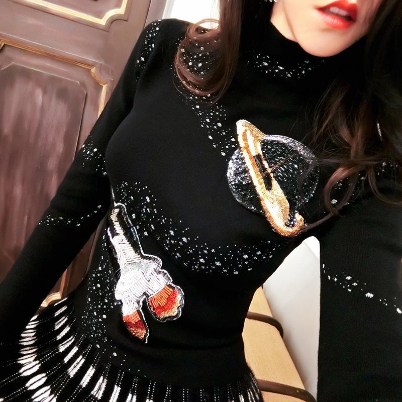 2022 New Autumn Winter Women Basic Knit Top Thicken Black High Collar Sequins Planetary Rocket Embroidery Slim Pullover Sweater