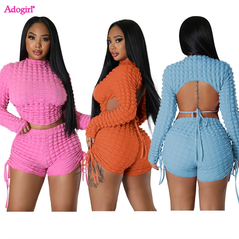 Adogirl Puffy Popcorn 2 Piece Sets Women Outfits Lace Up Backless Long Sleeve Crop Top Drawstring Shorts Sexy Suit Tracksuits