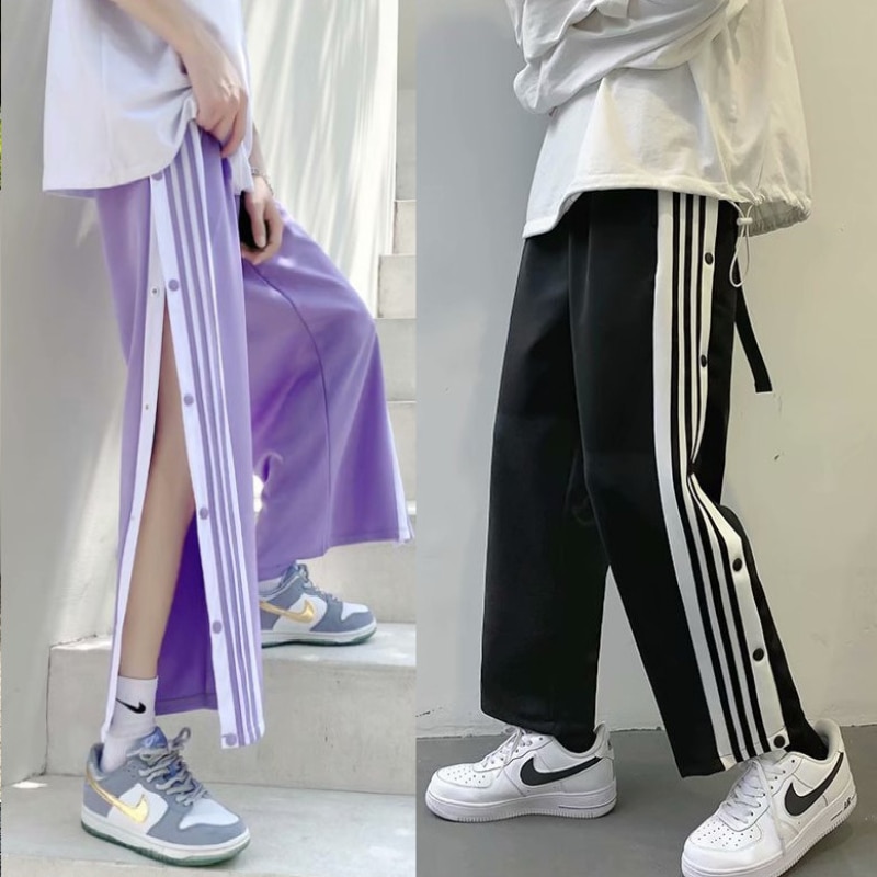 Harajuku Wide Leg Oversize Pants Men Casual Sport Baskatball Pants Button Side Split Ankle-length Trousers 2022 Fashion New
