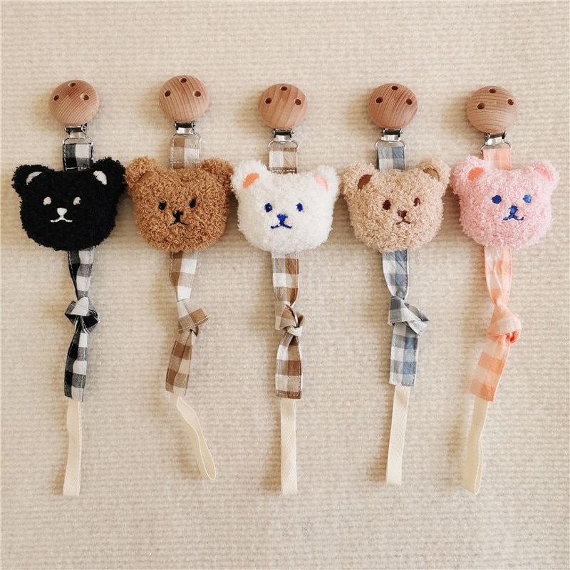Ins Cute Bear Wooden Soother Clips Baby Pacifier Holder Plaid Anti Drop Chain Newborn Nipples Pacifiers Dummy Clip With Dust Bag