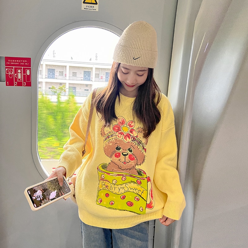 2022 New Autumn Winter Women Loose Pullover Sweater High Quality Sweet Cartoon Tea Cup Bear Print Knitted Sweater