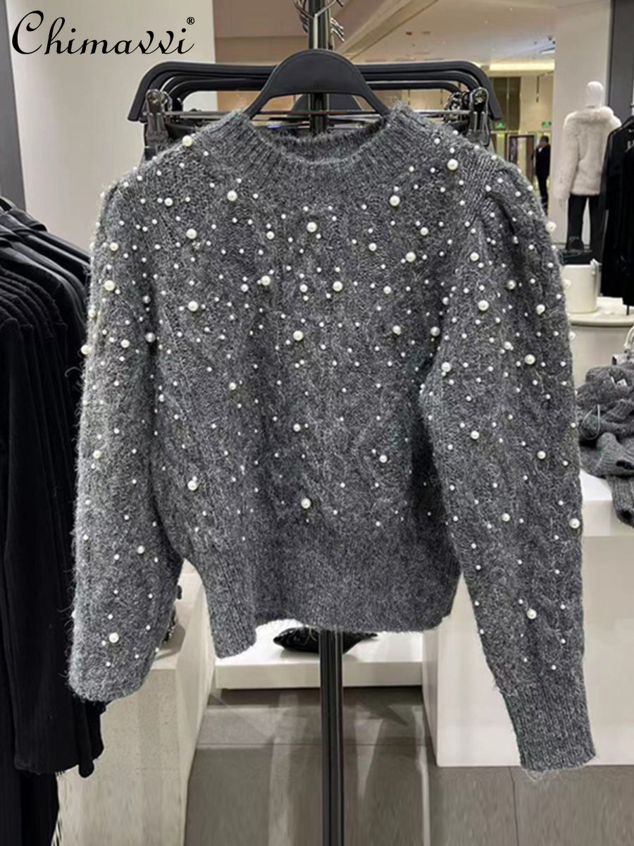 2022 Autumn Winter New Women's Fashion Elegant Pearl Beaded Sweater Ladies Retro Trendy Solid Puff Sleeve Pullover Knitted 