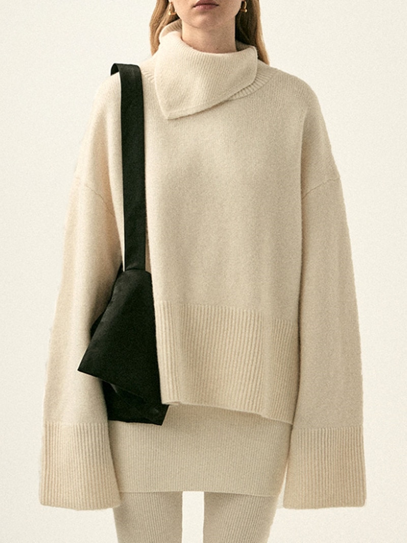 Women's Split Loose Irregular Turtleneck Sweater 2022 Autumn Winter New Female Wool Blend Long Sleeve Elegant Knitwear Pull
