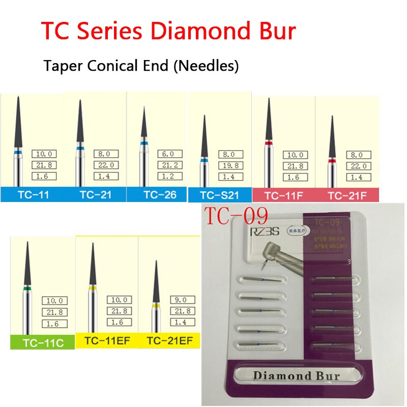 RZ3S 10 PCS Taper Conical End Dental Diamond Burs FG 1.6mm Diameter Needles Shape TC-09, TC-10, TC-11, TC-21, TC-26,TC-28